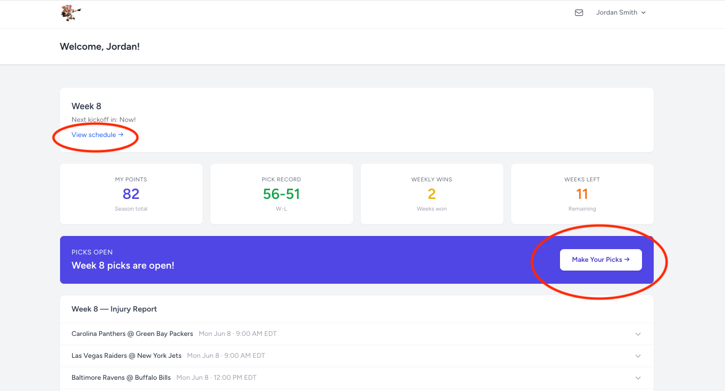 Dashboard with make picks button