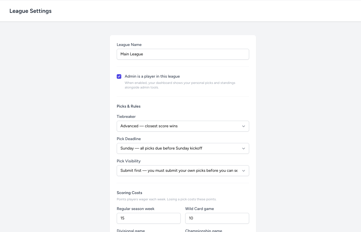 League settings page