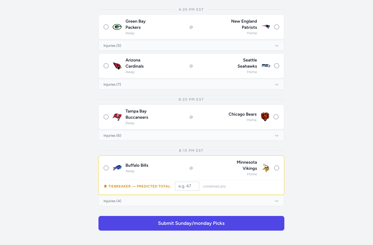 Picks form showing game matchups